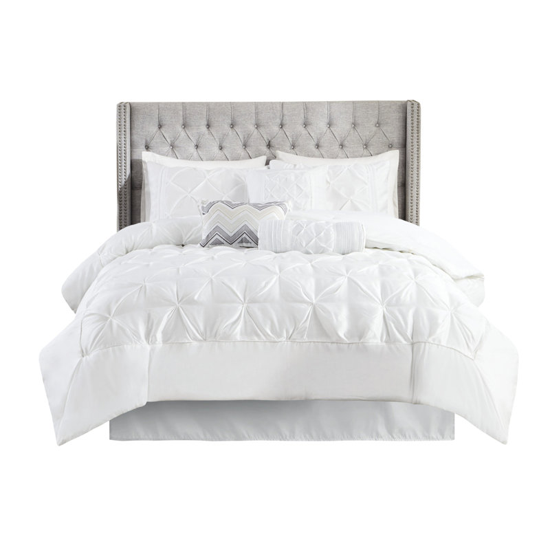 Literie blanche 7 pièces - Comprend un édredon, des taies décoratives, des coussins décoratifs et une jupe de lit, Blanc