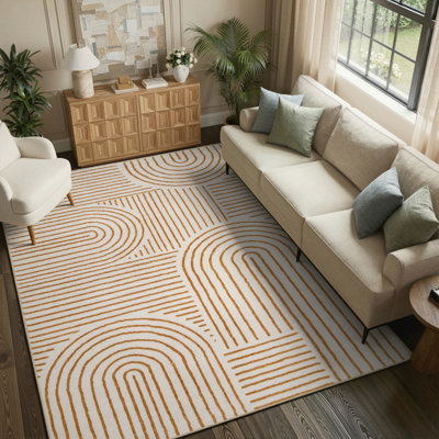 Celeta Washable Abstract Japandi Rainbow Striped Beige Area Rug - Colorful Modern Carpet for Living Room, Bedroom, or Office Decor