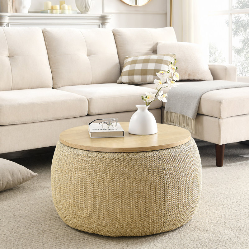 Repose-pieds rond avec rangement, fonction 2 en 1, table de bout avec repose-pieds, Naturel