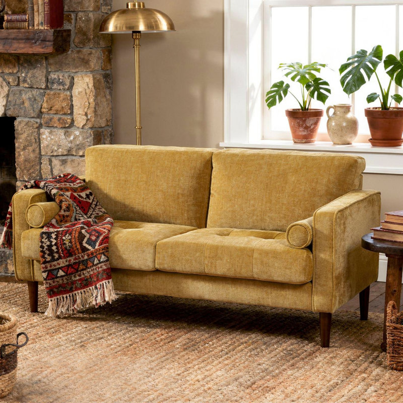 Carmelinda 2 Seater Corduroy Loveseat, Yellow Chenille