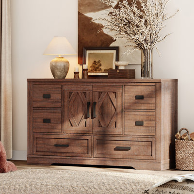 Glenford 54"W Modern Farmhouse Rustic Storage Cabinet With Barn Doors & 6 Drawers, Adjustable Shelves, Scratch-Resistant Tree Bark Finish by Winston Porter