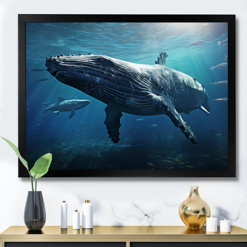«Blue Marine Animals Graceful Giants», reproduction sur toile, H 16 po x l 32 po x P 1 po, Cadre photo noir