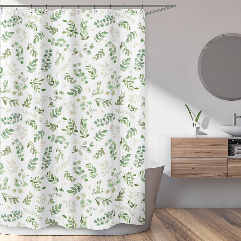 Rideau de douche simple à motif floral Botanical Leaf, Vert/blanc