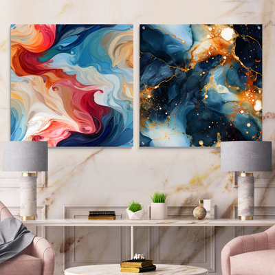 Lewis - Ensemble de 2 peintures murales abstraites en acrylique sur verre marbré