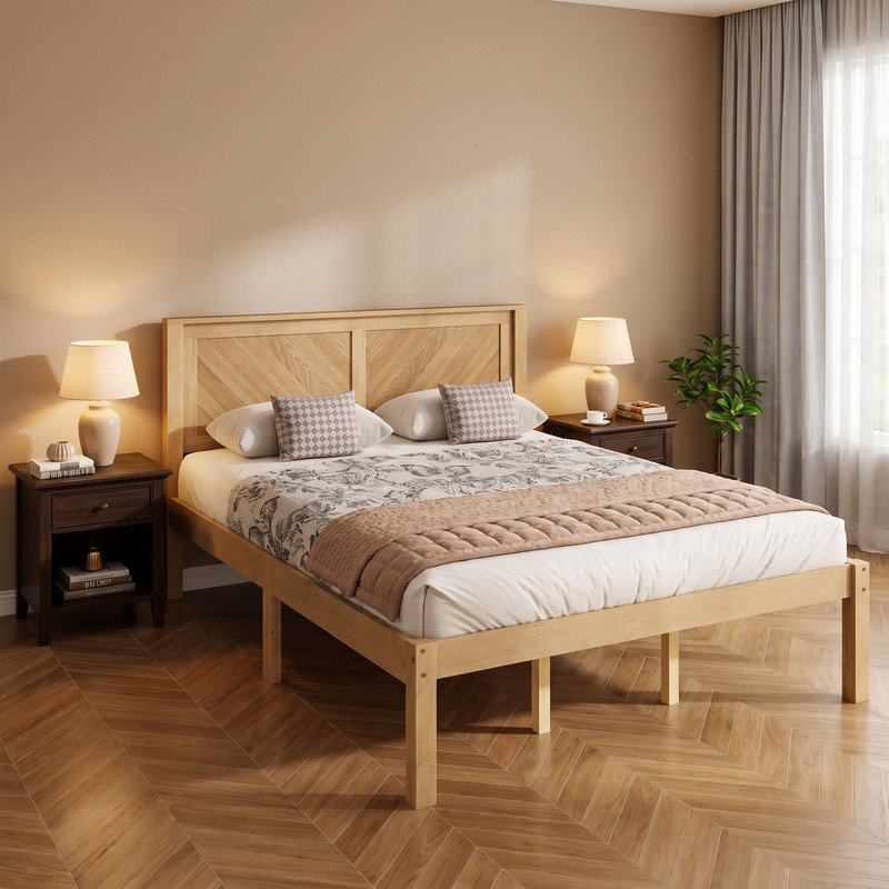 Lit plateforme en chêne massif naturel de taille Queen – Adopte un design à chevrons de style campagnard avec une tête de lit en bois à chevrons, offre un espace de rangement sous le lit et ne nécessite pas de sommier.