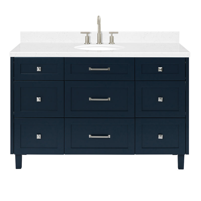 ARIEL Monroe 54 Single Sink Bathroom Vanity with Carrara Quartz Top, Midnight Blue, 54" - 55", Carrara White Quartz
