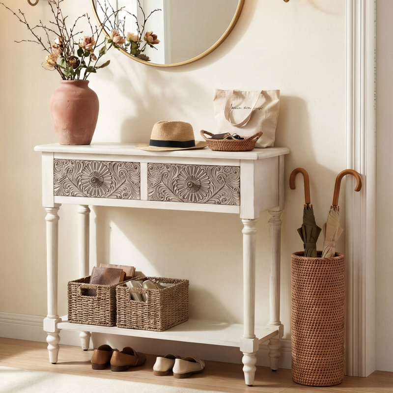 31.5" W 2-Drawer Carved Console Table, 31.5"W × 11.8"D × 30.7"H