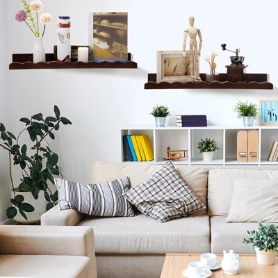 Ensemble de 2 tablettes flottantes murales festonnées pour la chambre, la salle de bain, la chambre à coucher, l'esthétique décorative et les livres, les jouets et le rangement de cadres photo (brun noyer)