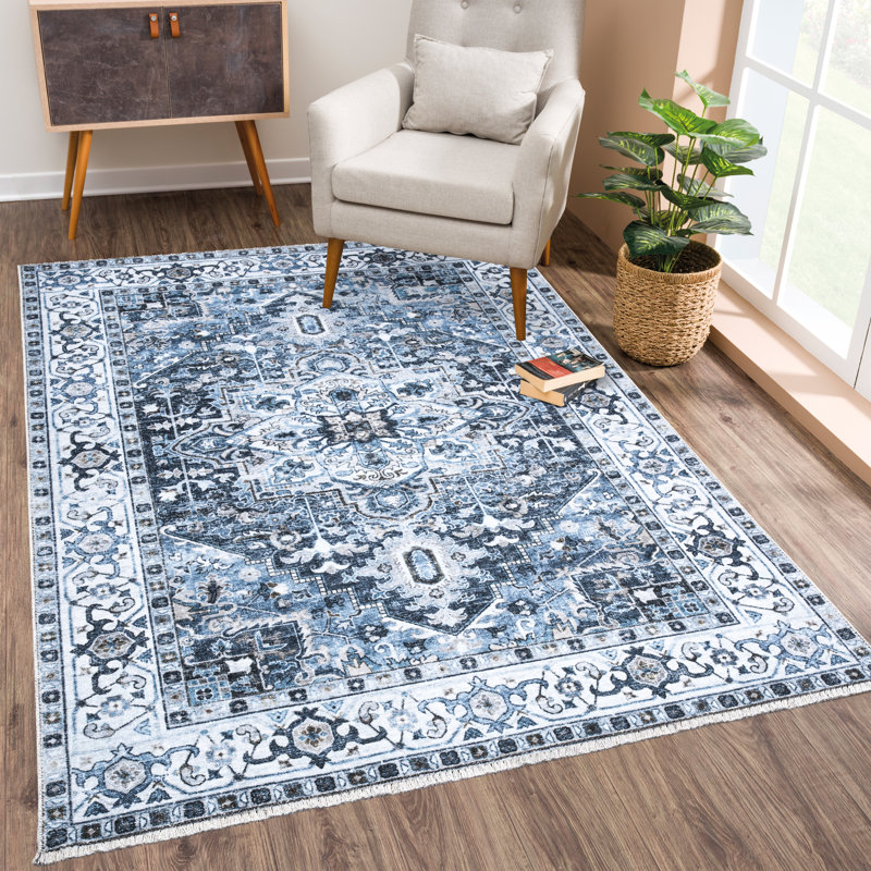Washable Non-Slip Rug - Navy Blue Traditional Oriental Runner for Entryway, Hallway, Bathroom, and Kitchen
