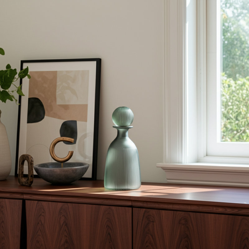 Glass Vase with Vertical Ribbed Detailing and Round Stopper Accent Aligned to Coastal Trend for Modern Decorative Display in Contemporary Interior Settings.