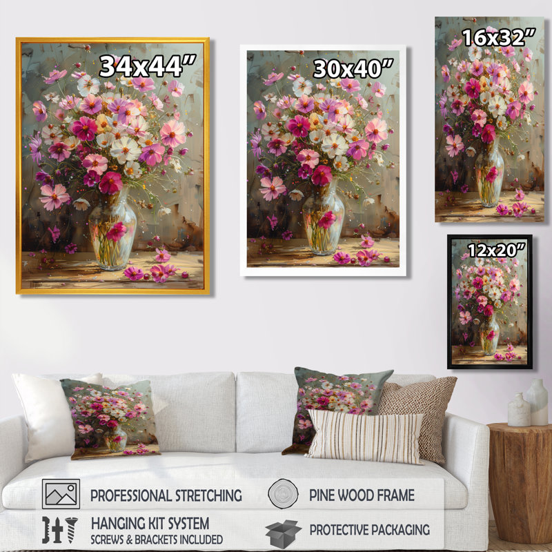 Rose et blanc bouquet d'or dans un vase II - Buttercups, art mural, Toile tendue, H 40 po x l 30 po x P 1,5 po
