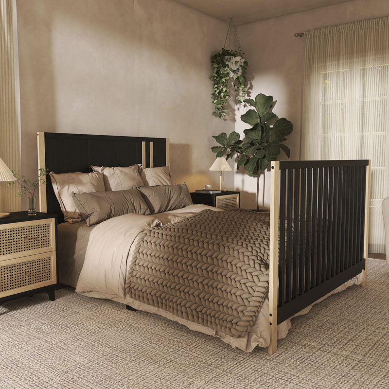 Lit de bébé convertible Kumar en noir mat rétro, certifié Jpma & Greenguard Gold, fabriqué avec du bois de pin néo-zélandais durable