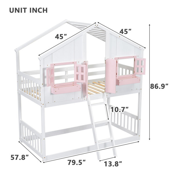 Harriet Bee Solid Wood Twin Over Twin House Bunk Bed with Roof& Window ...