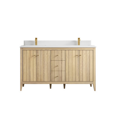Atlanta White Oak Wood 60 In. W X 22 In. D Double Sink Bathroom Vanity With Cove Edge Quartz