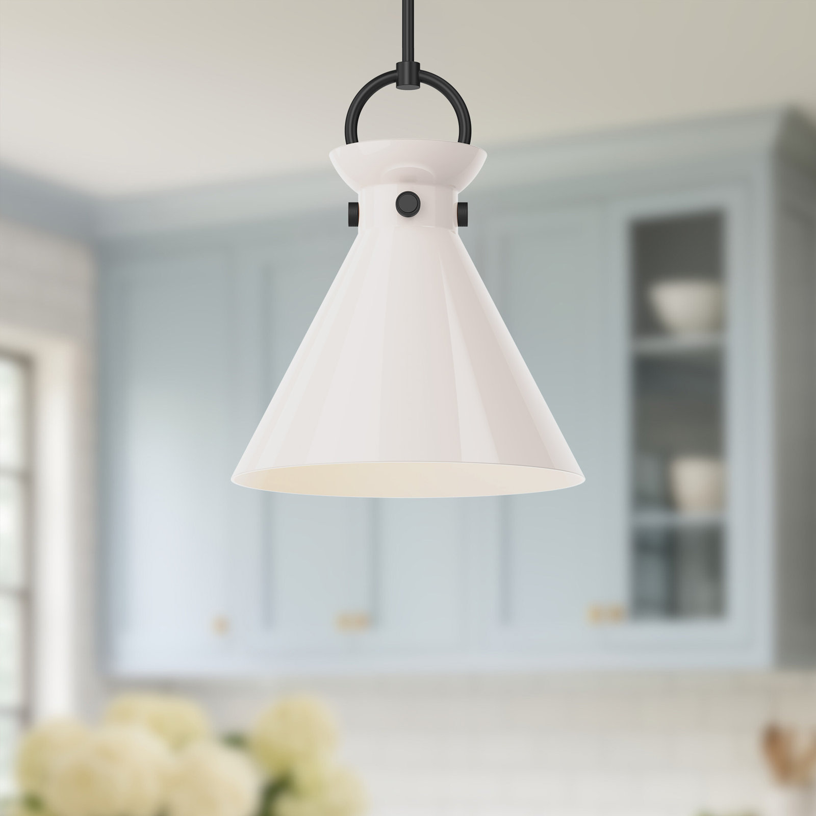 Tiney Single Light Glass Steel Pendant, Matte Black, 17" H x 14" W x 14" D