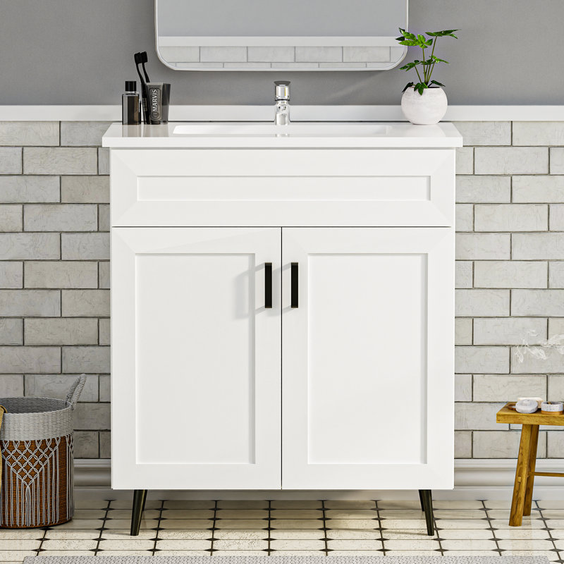 Meuble-lavabo 30 po avec lavabo, meuble-lavabo autoportant en bois avec 2 portes et pieds en métal, meuble-lavabo avec lavabo en céramique (peinture, 30)