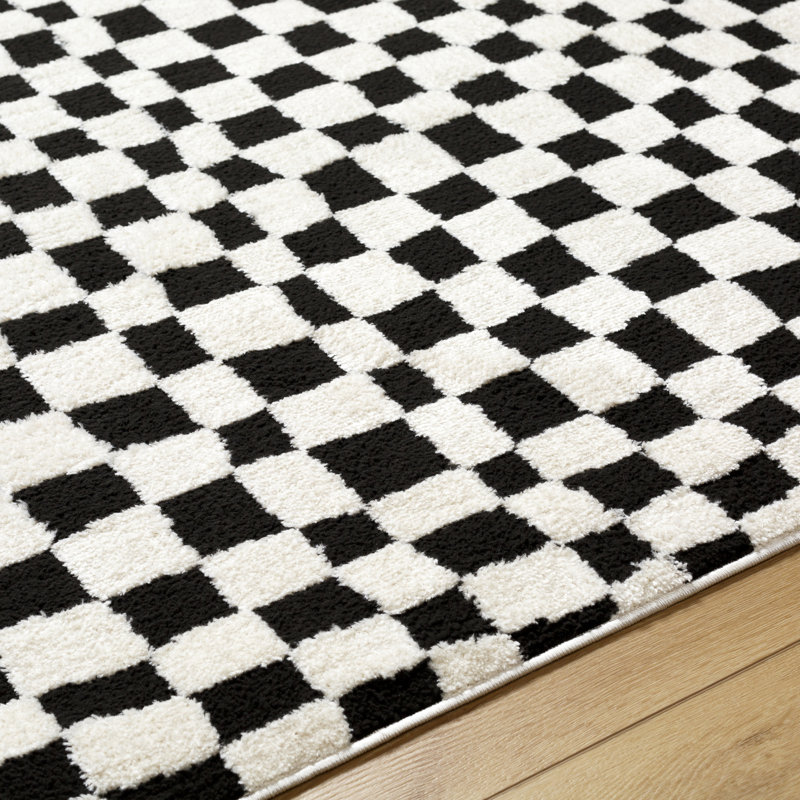 Tapis tissé à la machine en polyester noir / ivoire Caiah, Rectangle 7 pi 10 po x 10 pi