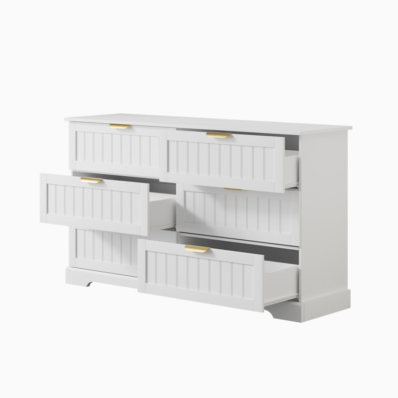 Commode 6 tiroirs, commode moderne l 53,15 po avec poignée en métal, Blanc
