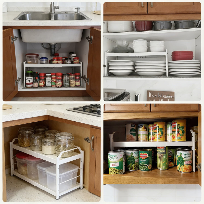 Expandable And Stackable Kitchen Cabinet Organizer Shelf Rack, Adjustable Storage Riser For Pantry And Counter, 22 Lbs Capacity, 2 Pack