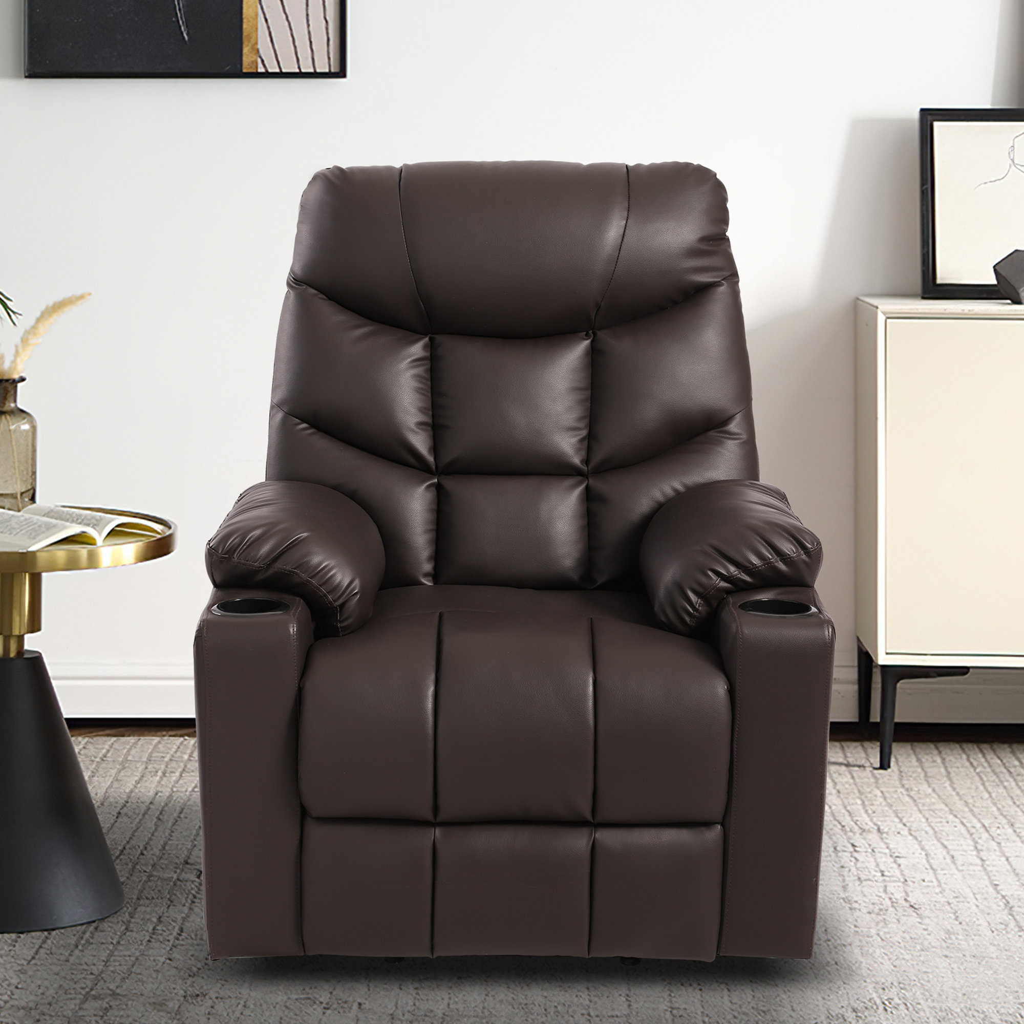 Vegan Leather Manual Swivel Rocker Glider Recliner Chair with Massage & Heat, Lumbar Pillow Included Ebern Designs Leather Type: Brown Faux Leather