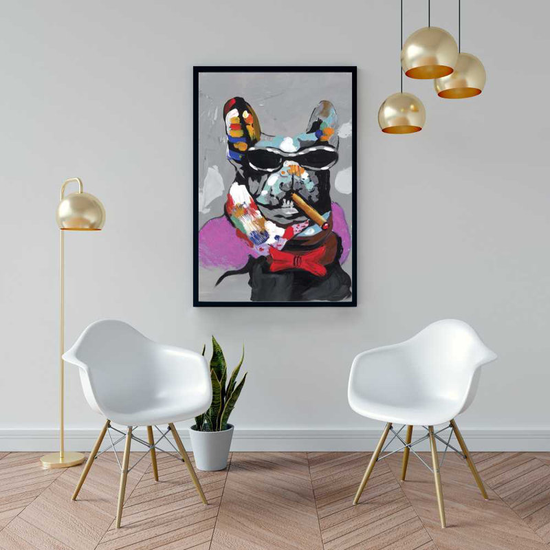 Abstrait bouledogue avec cigare, art sur toile encadré rouge