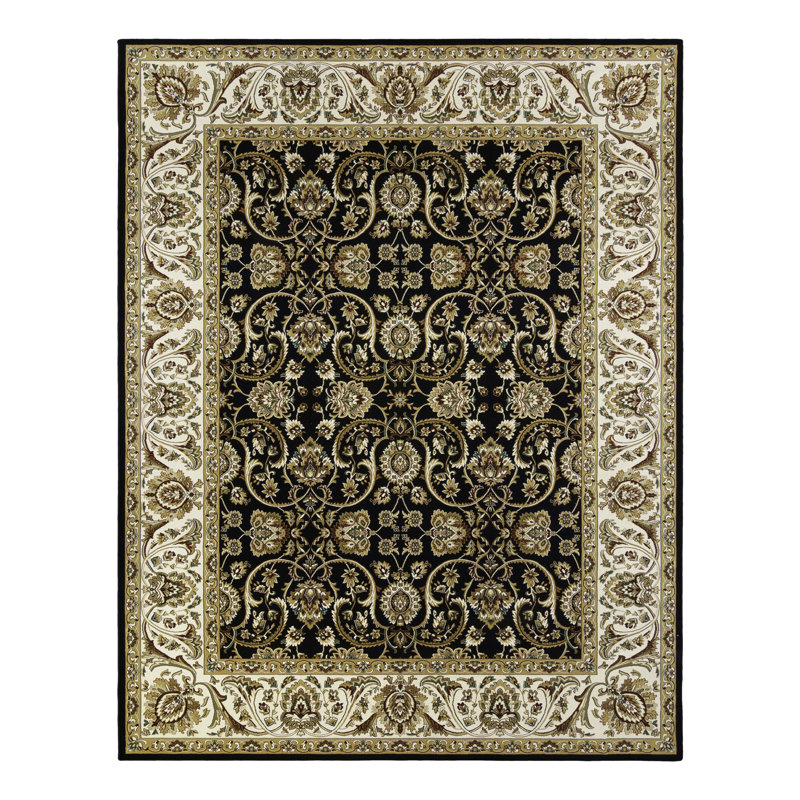 Majestic Griesemer Traditional Scrolled Floral Wide Border Black/Gold Polypropylene Area Rug, Rectangle 5'3" x 7'5"