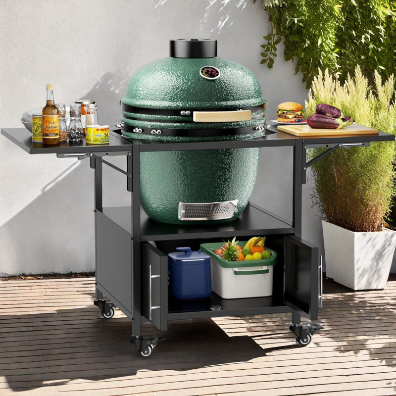 Outdoor Grill Cart with Folding Panels, Compatible with Kamado Style BBQ