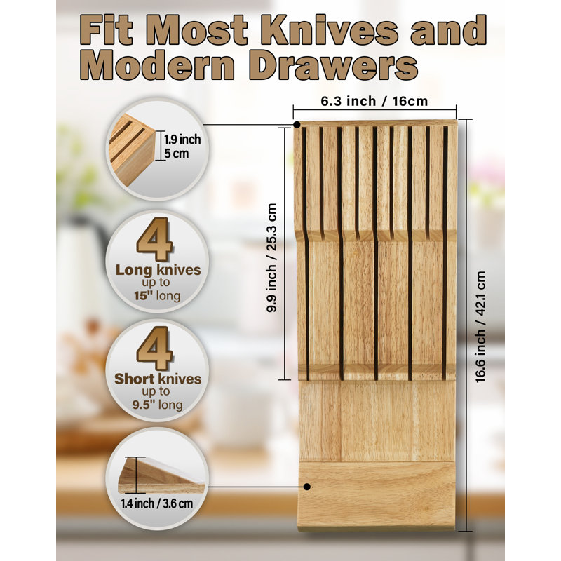 Cook N Home Basics Durable Wood Cutlery Holder, Knife Storage Block Organizer, Made of Rubber Wood, Polished Surface, Suitable for Drawers, 9-Slot
