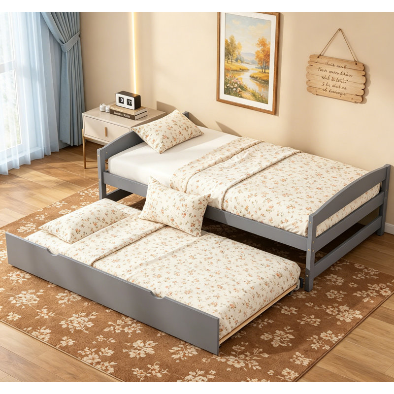 Lit plateforme simple avec lit gigogne simple, gris, conception compacte et durable pour les chambres modernes