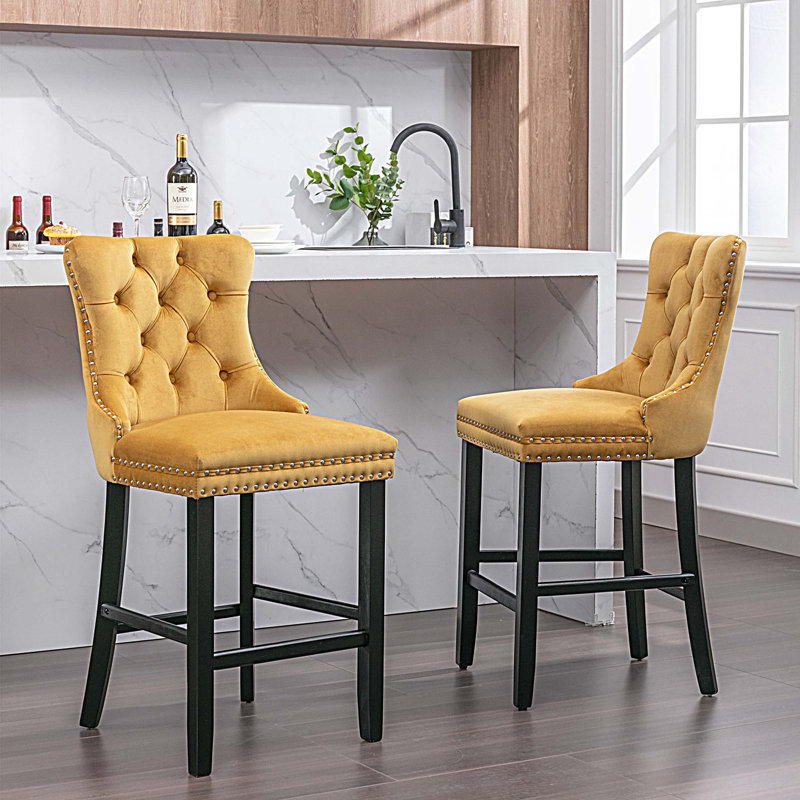 Upholstered Barstools Set Of 2, Gold, Black