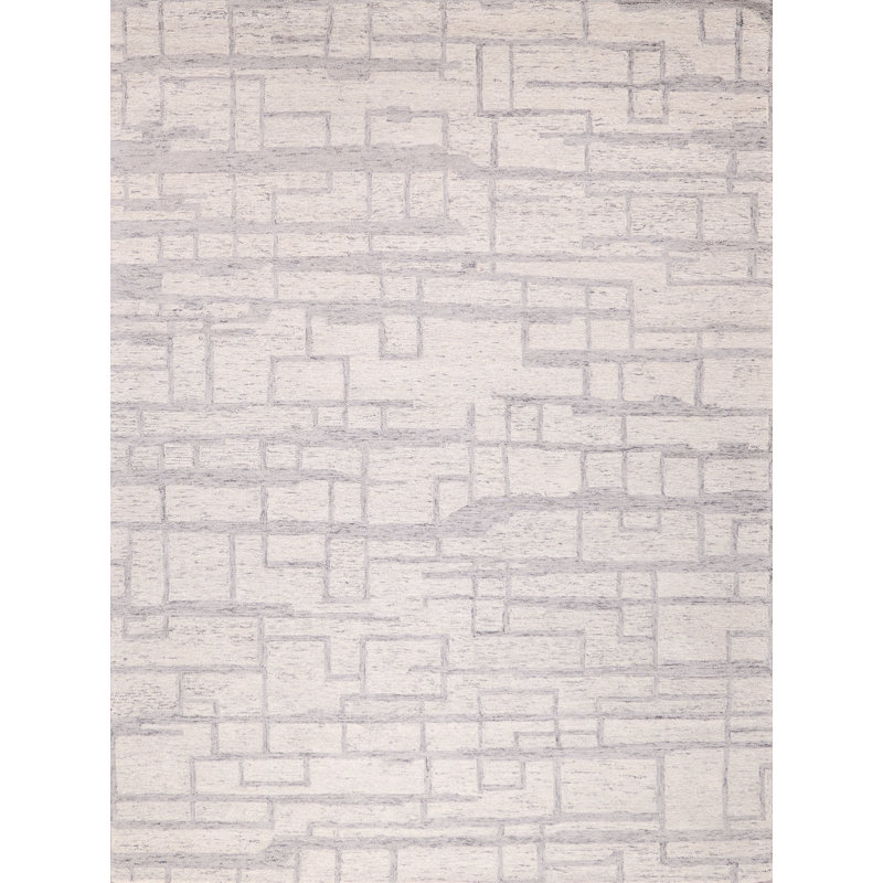 Ivory and Gray Hand-Tufted Wool 10' x 14' Geometric Rug