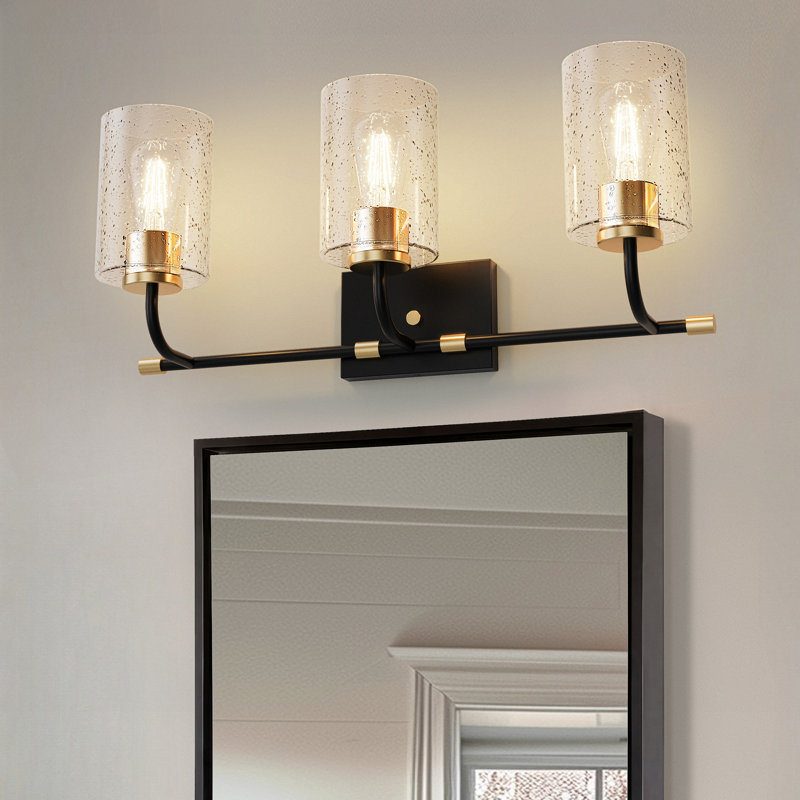 Modern 3-Light Black And Gold Vanity Light With Bubble Glass Shades