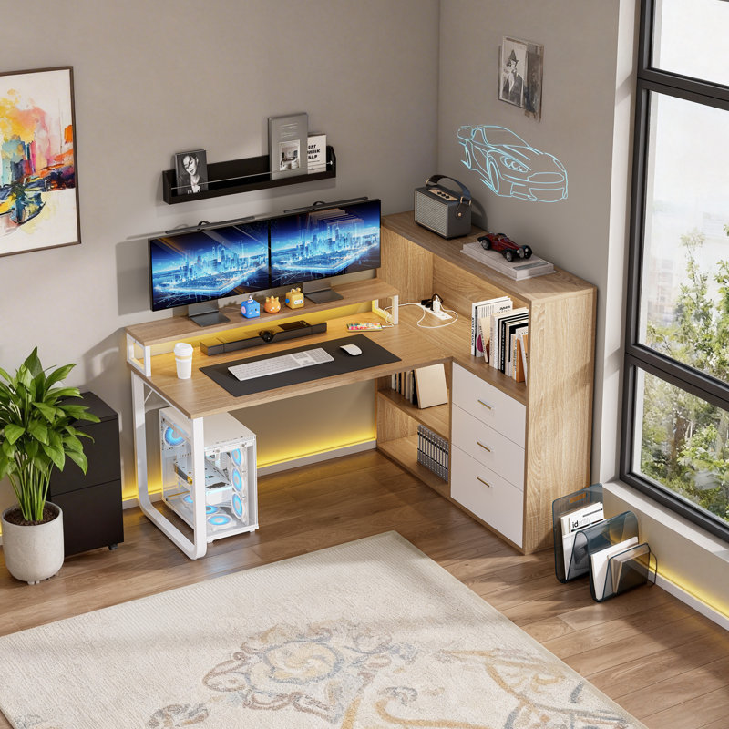 Grand bureau d'ordinateur de 55 pouces avec tiroir classeur, bureau en L avec prises de courant, lumières à DEL et tablette pour moniteur, bureau de jeu avec 3 tiroirs et 3 tablettes de rangement, bureau à domicile avec bibliothèque, blanc et chêne