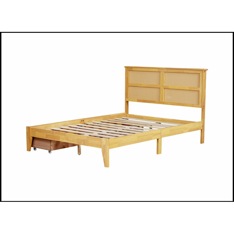 Tête de lit en rotin avec deux tiroirs de rangement, structure en bois d'hévéa durable et support amélioré, Chêne blanc