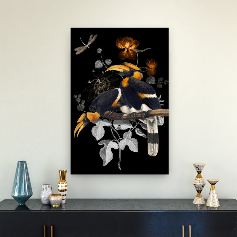 Golden Hornbills Dark Botanical Abstract Dragonfly Bird Nature Tropical Wall Art Print by Marja Van Den - Wrapped Canvas Print