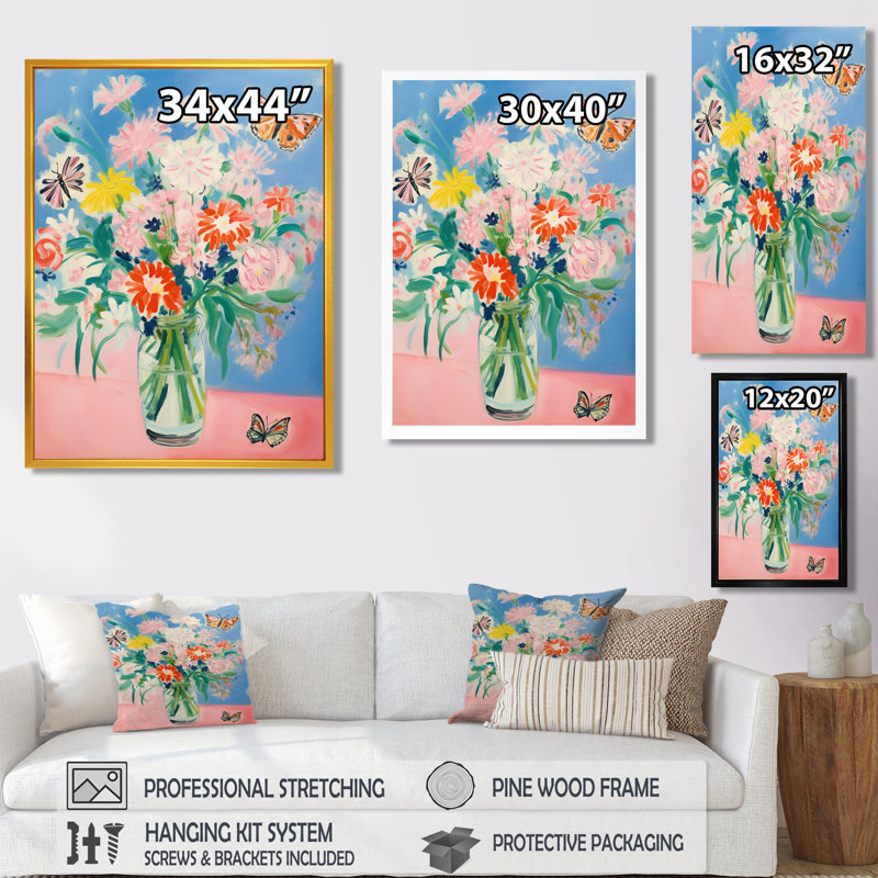 «Blossoming Peony Wildflowers with Butterflies - Assortiment de bouquets», reproduction d'art mural