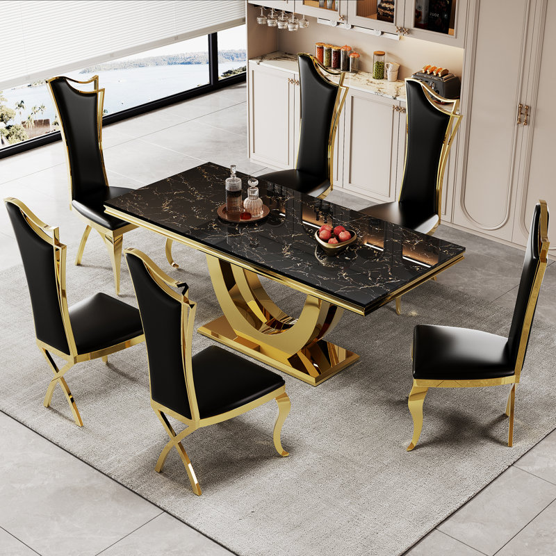 7 - Piece Dining Set, Black/Black/Gold