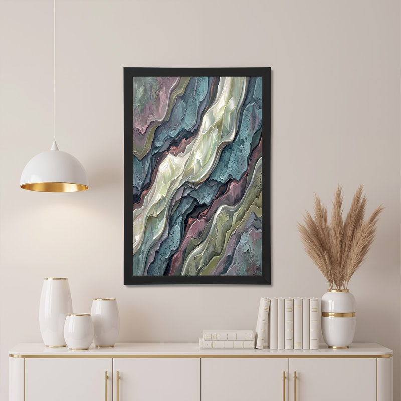 Art abstrait sur toile abstraite à vagues ondulées bleu sarcelle et rose, 24"H x 36"W