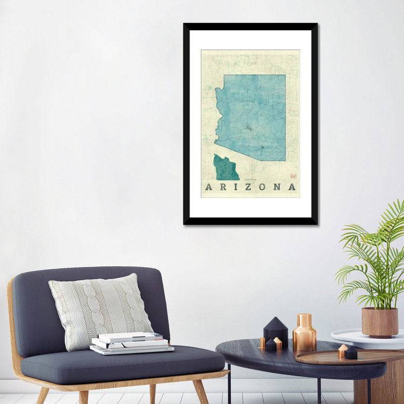 « arizona map », impression sur toile, H 24 po x l 16 po x P 1 po, Papier d'art encadré noir, Blanc