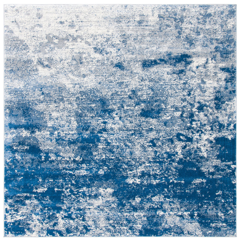 Tapis abstrait gris clair / bleu N'Keal, Carré 5 pi, Grey/Navy