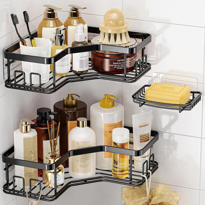 Ensemble de 3 paniers de douche en coin avec porte-savon, tablettes en acier inoxydable antirouille de grande capacité, organisateur de salle de bain facile à installer, noir