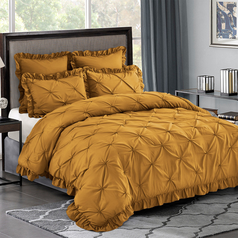 Ensemble d'édredon 5 pièces princesse romantique Pintuck, Édredon pour lit très grand + quatre taies déco, Moutarde