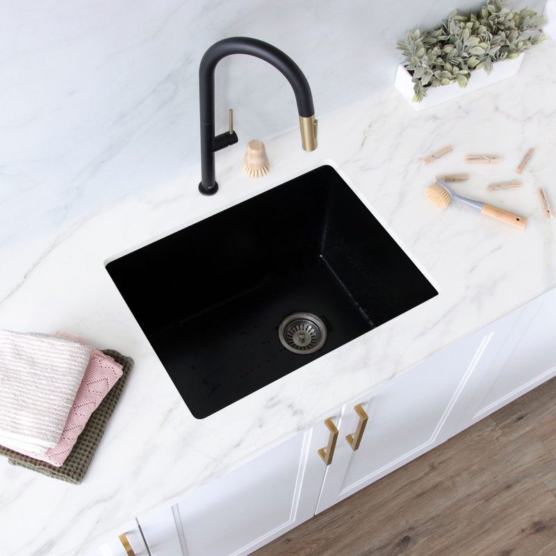 Granite composite double mount kitchen sink with strainer 25 in., Noir