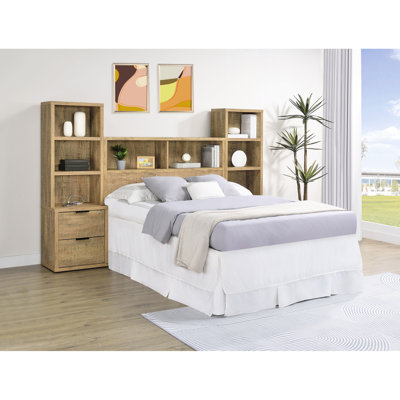 Mango 3 chambres, lit double, tête de lit avec bibliothèque et tables de chevet, rangement ouvert, stratifié Scratch, tiroirs verrouillables, charge en C, design contemporain avec tête de lit, tables de chevet, finition,