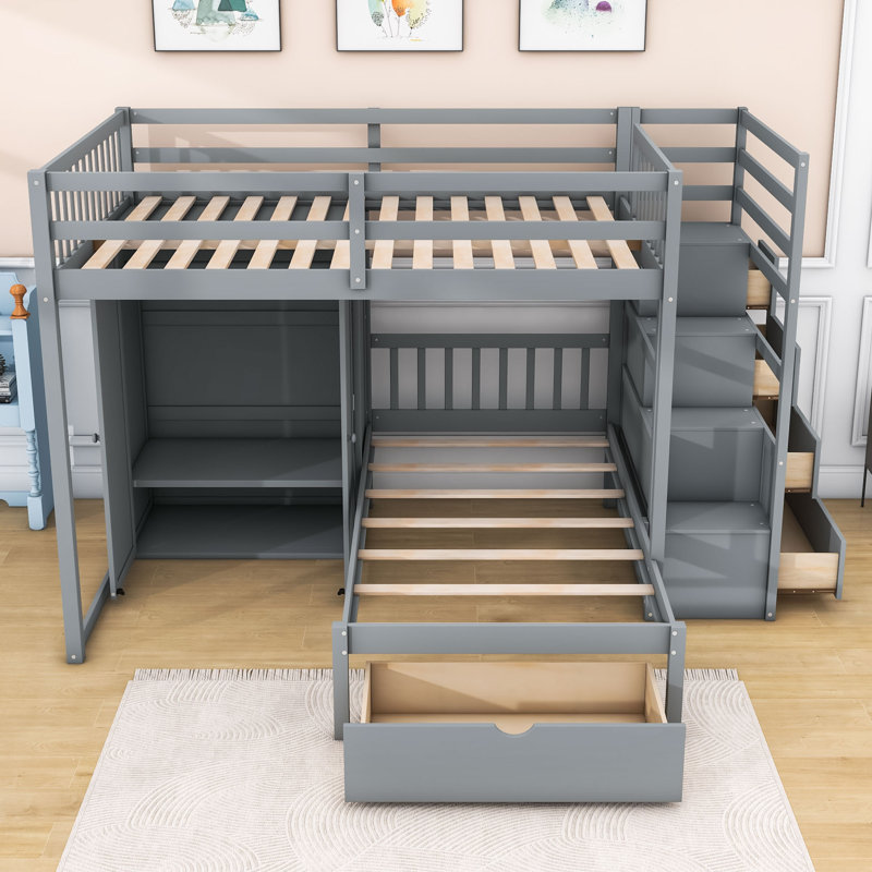 Lit superposé double au-dessus de simple avec tiroirs de rangement et escalier Kary, gris