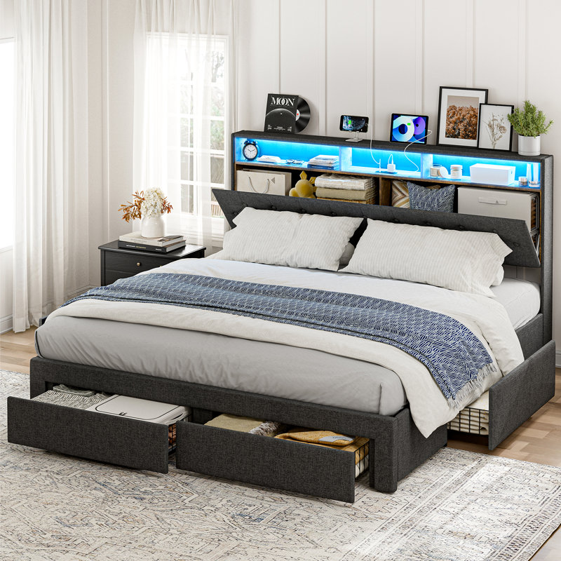  Bed Frame With Hidden Storage Headboard & Drawers, Upholstered Full Platform Bed With Led Lights, Type-C Charging Station, No Box Spring Needed, Solid Wood Slats