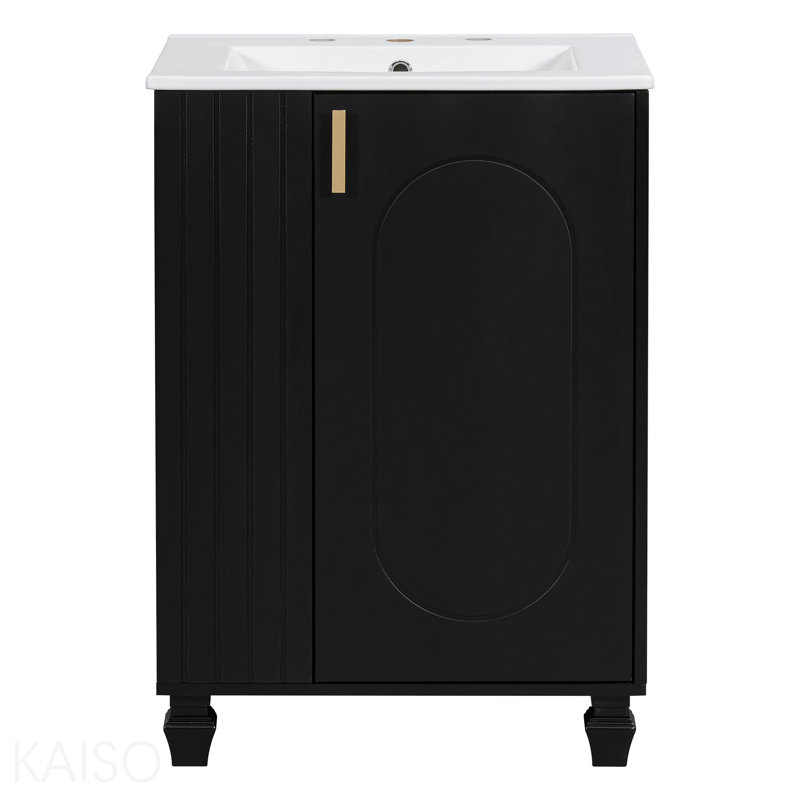 Meuble-lavabo 24 po avec lavabo, armoire de salle de bain avec tablette de porte, rangement latéral ouvert, structure en bois massif, porte à fermeture douce, noir