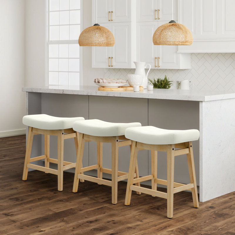 24inch Wooden Backless Saddle Counter Height Barstools Wide Seat Comfortable For Kitchen Island, PU White Seat/Wood Frame