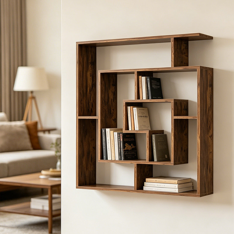 6 Tier Freestanding Geometric Bookcase, Wall Mounted Bookshelf, Floating Book Shelves For Bedroom Living Room, Brown
