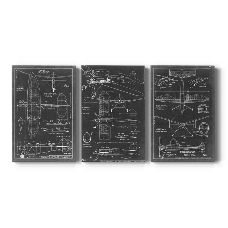 Plan aéronautique I - Toile tendue sur mesure avec châssis - 3 pièces, H 36 po x l 72 po